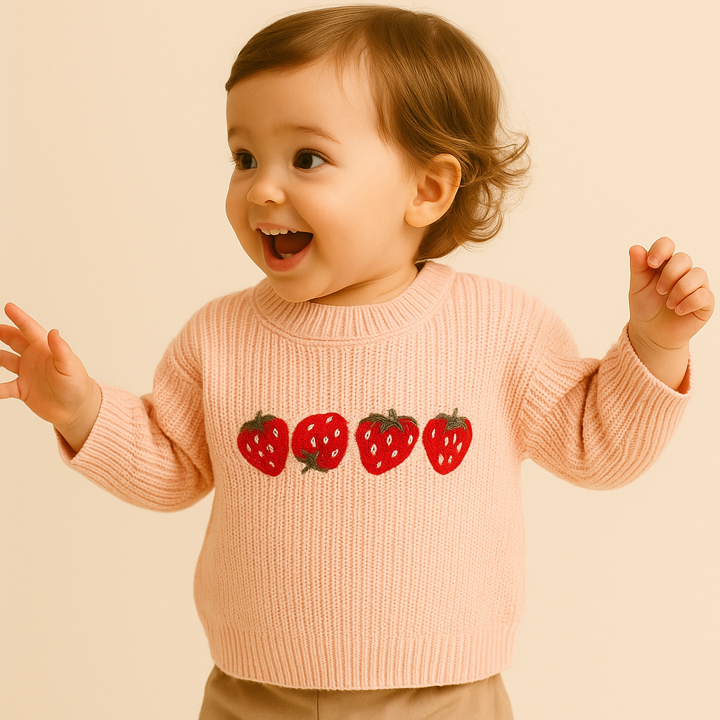 Gebeide trui met geborduurde aarbeiden