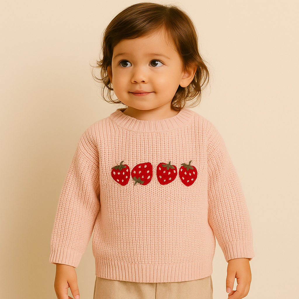 Gebeide trui met geborduurde aarbeiden