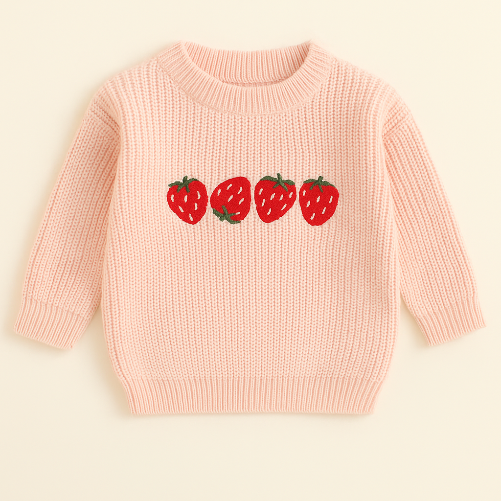 Gebeide trui met geborduurde aarbeiden